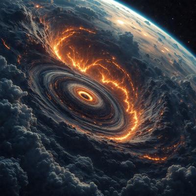 The primary subject of the image is a large, swirling, and glowing vortex, which appears to be a part of a planet or a celestial body. The setting is a dark, cloudy sky, with the vortex being the main focus of the scene. The visual style of the image is a combination of photo and digital art, creating a striking and surreal atmosphere. The dominant colors are dark and moody, with the swirling vortex emitting a warm, glowing light that contrasts